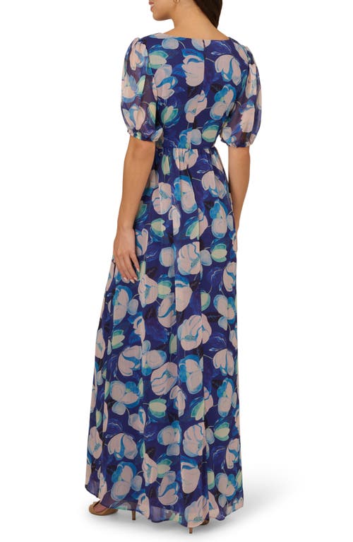 Adrianna Papell Floral Crinkle Chiffon Gown In Blue Multi