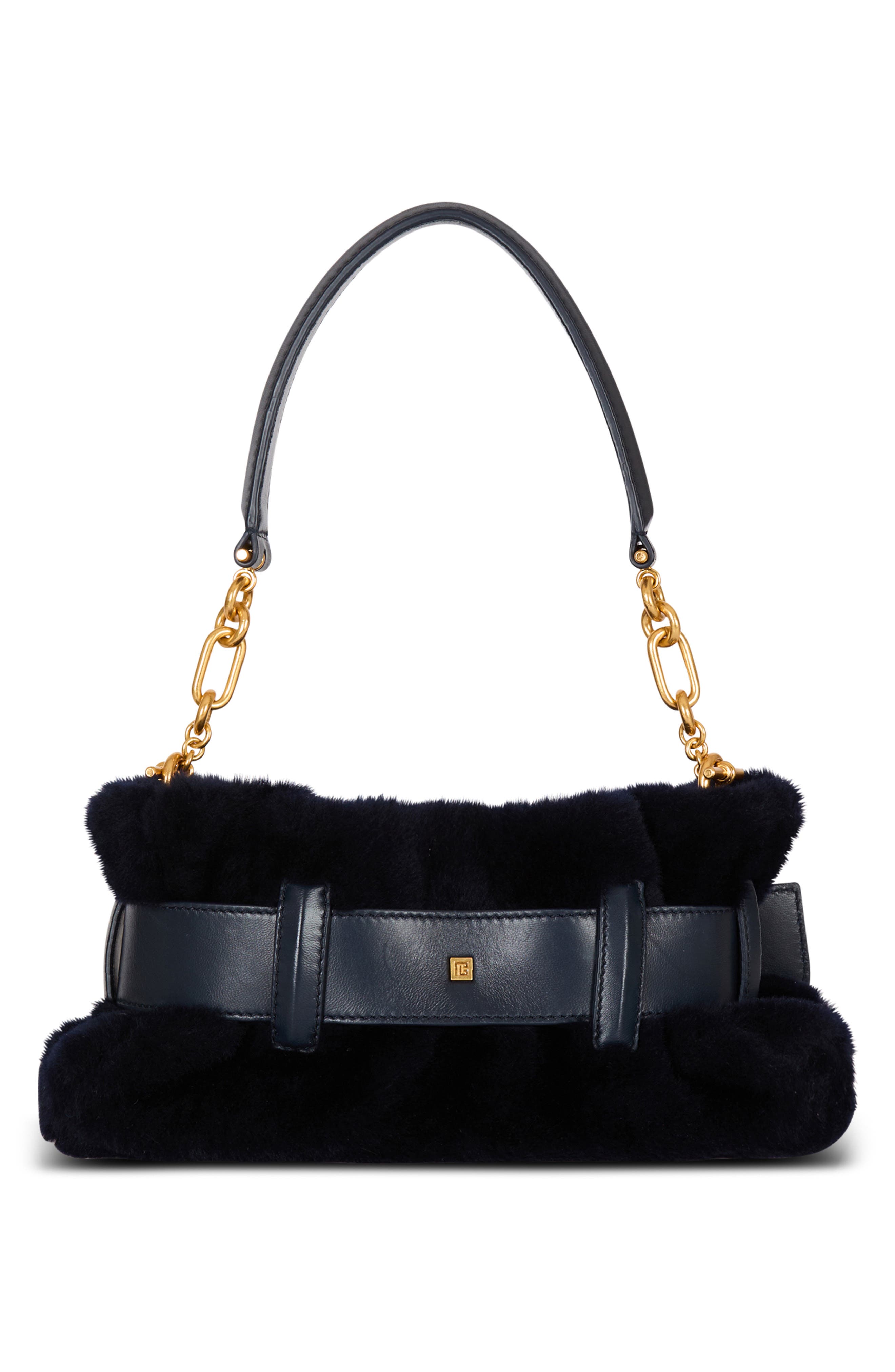 Balmain Mini Anthem Genuine Shearling Shoulder Bag, Alternate, color, Raven