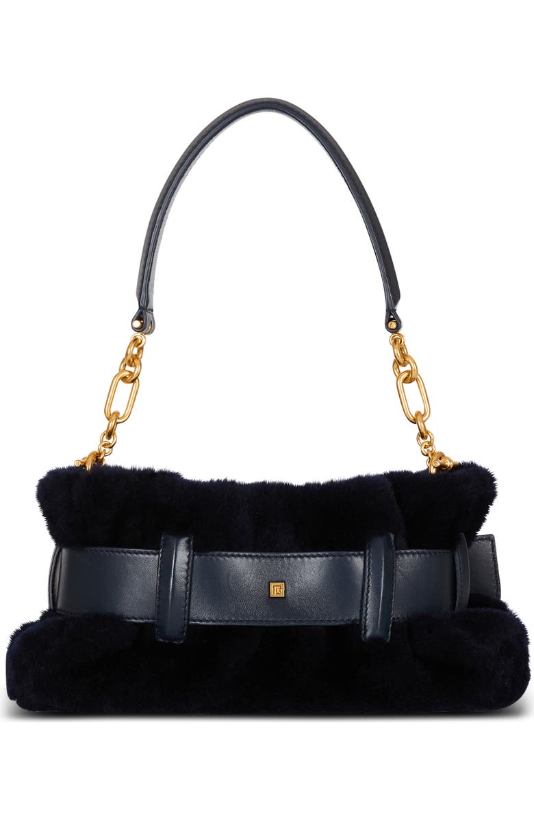 Balmain Mini Anthem Genuine Shearling Shoulder Bag, Alternate, color, Raven