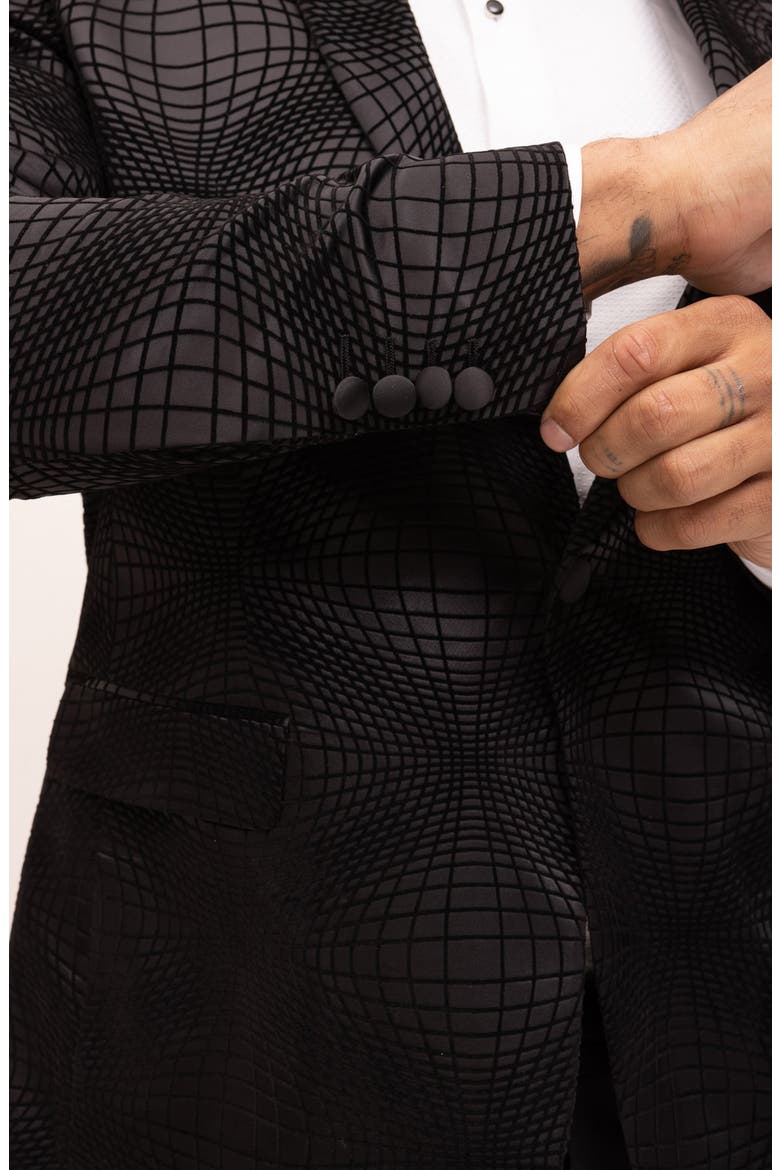 Geometric Flocked Shawl Collar Formal Jacket, Alternate, color, BLACK