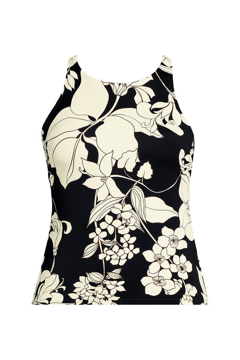 Plus Size DD-Cup Tugless High Neck Strappy Back Tankini Top, Alternate, color, Black/Egret Lilies