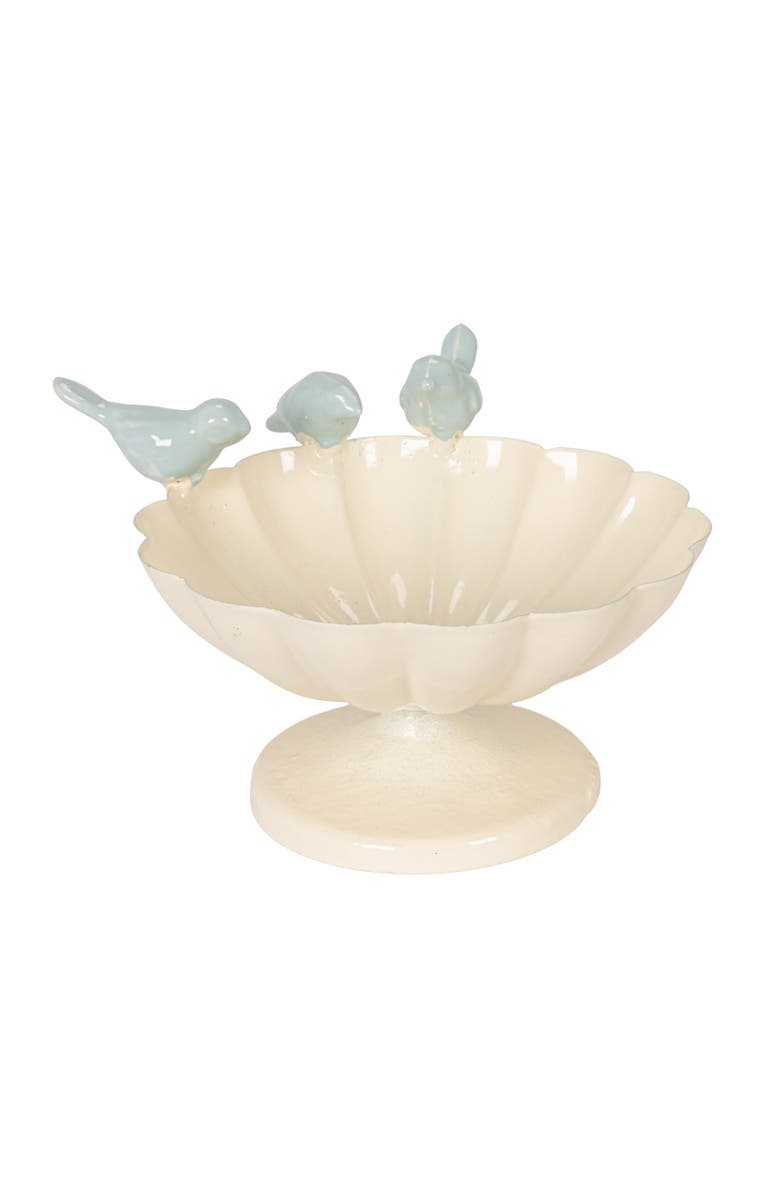 Storied Home Decorative Metal Scalloped Bowl with 3D Birds on Rim, Antique White and Blue, Main, color, White