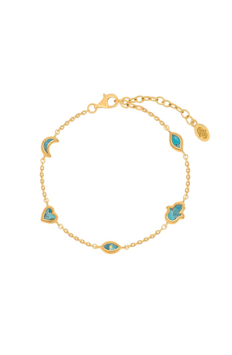 Karma and Luck Turquoise Multi Symbol Gold Chain Bracelet Abundant Clarity, Main, color, Gold/Turquoise