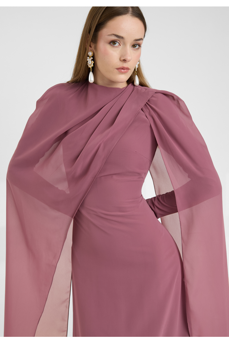Modest Chiffon Dress Maxi With Elegant Cape Style, Alternate, color, MAUVE