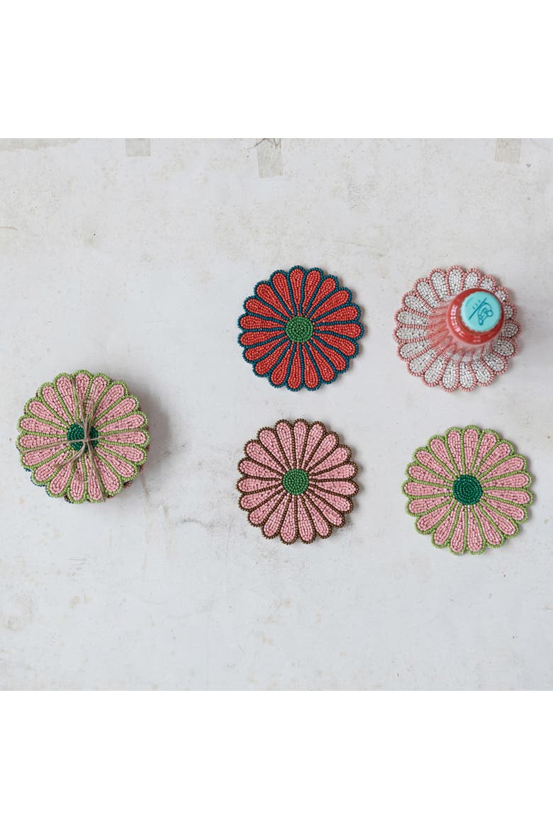 4-Piece Beaded Glass Flower Shaped Coasters with Jute Tie, 4 Colors, Alternate, color, Multicolor