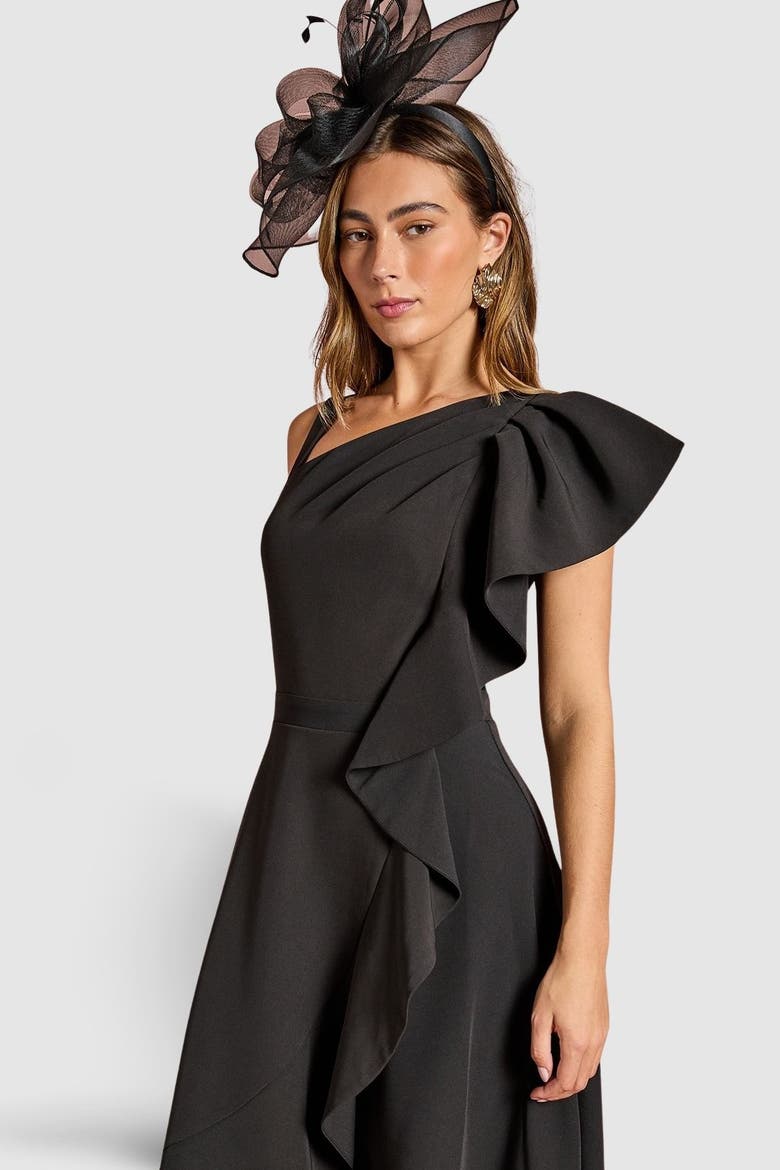 One Shoulder Crepe Ruffle Midi Dress, Alternate, color, Black