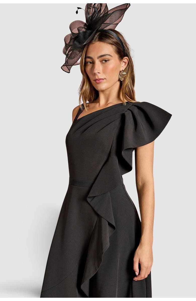 Coast One Shoulder Crepe Ruffle Midi Dress, Alternate, color, Black