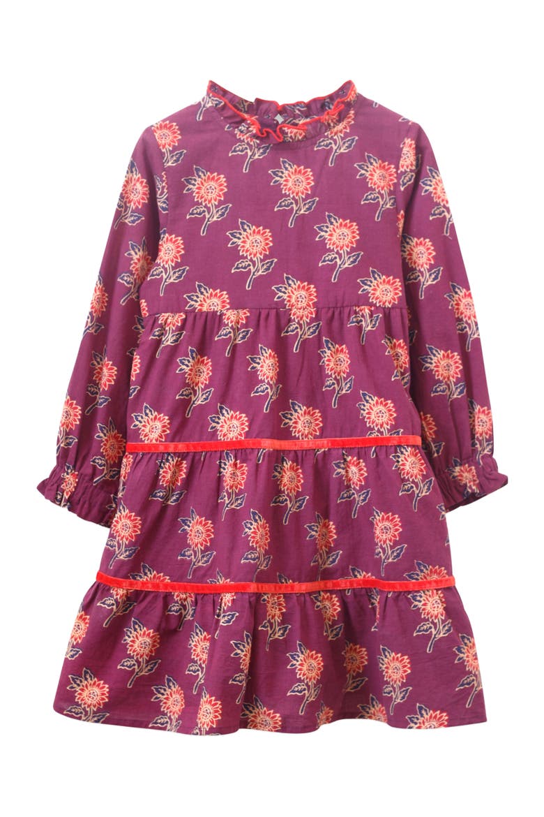 Girls' Long Sleeves Tiered Skirt Dress with Velvet Trim, Alternate, color, Purple and Red