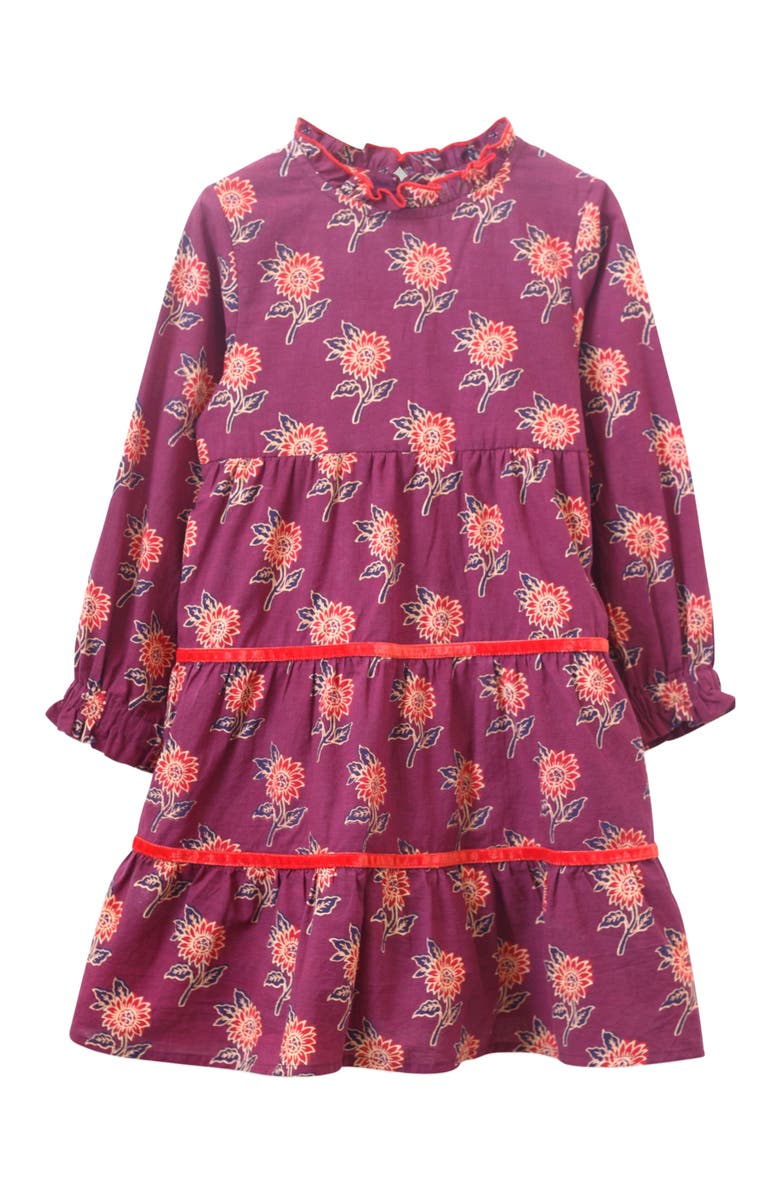 Beet World Girls' Long Sleeves Tiered Skirt Dress with Velvet Trim, Alternate, color, Purple And Red