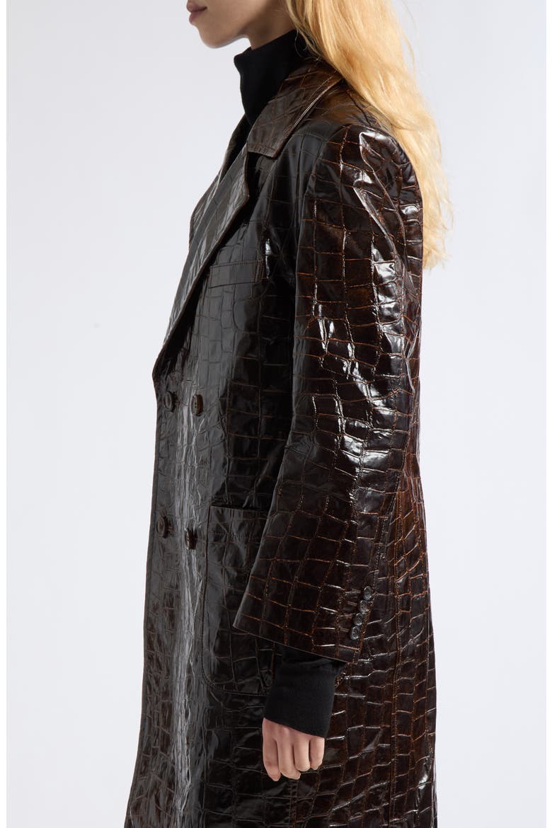 Croc Embossed Faux Leather Trench Coat, Alternate, color, BROWN