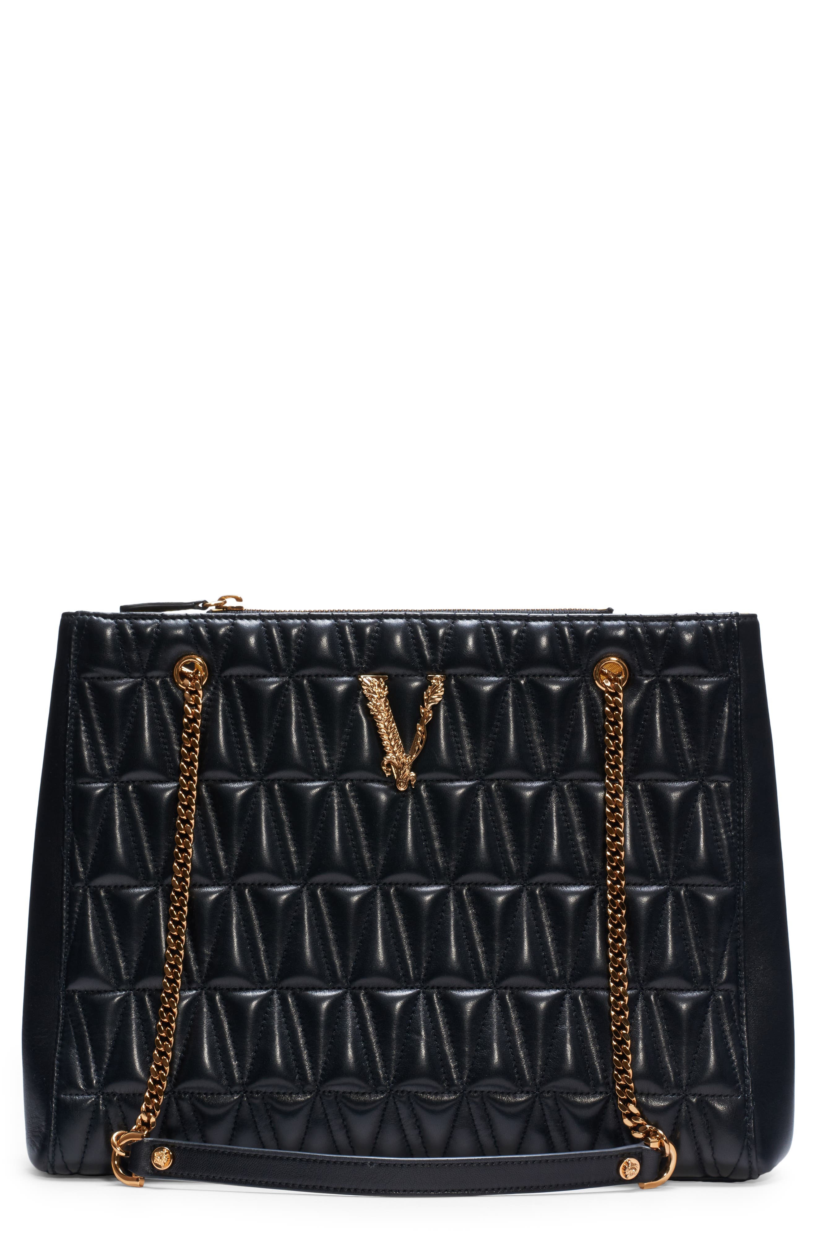 Versace Virtus Large Quilted Leather Tote, Main, color, 