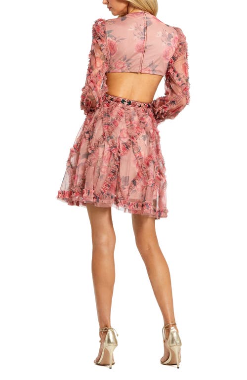 Mac Duggal Floral Ruffle Cutout Chiffon A-line Cocktail Dress In Rose Multi