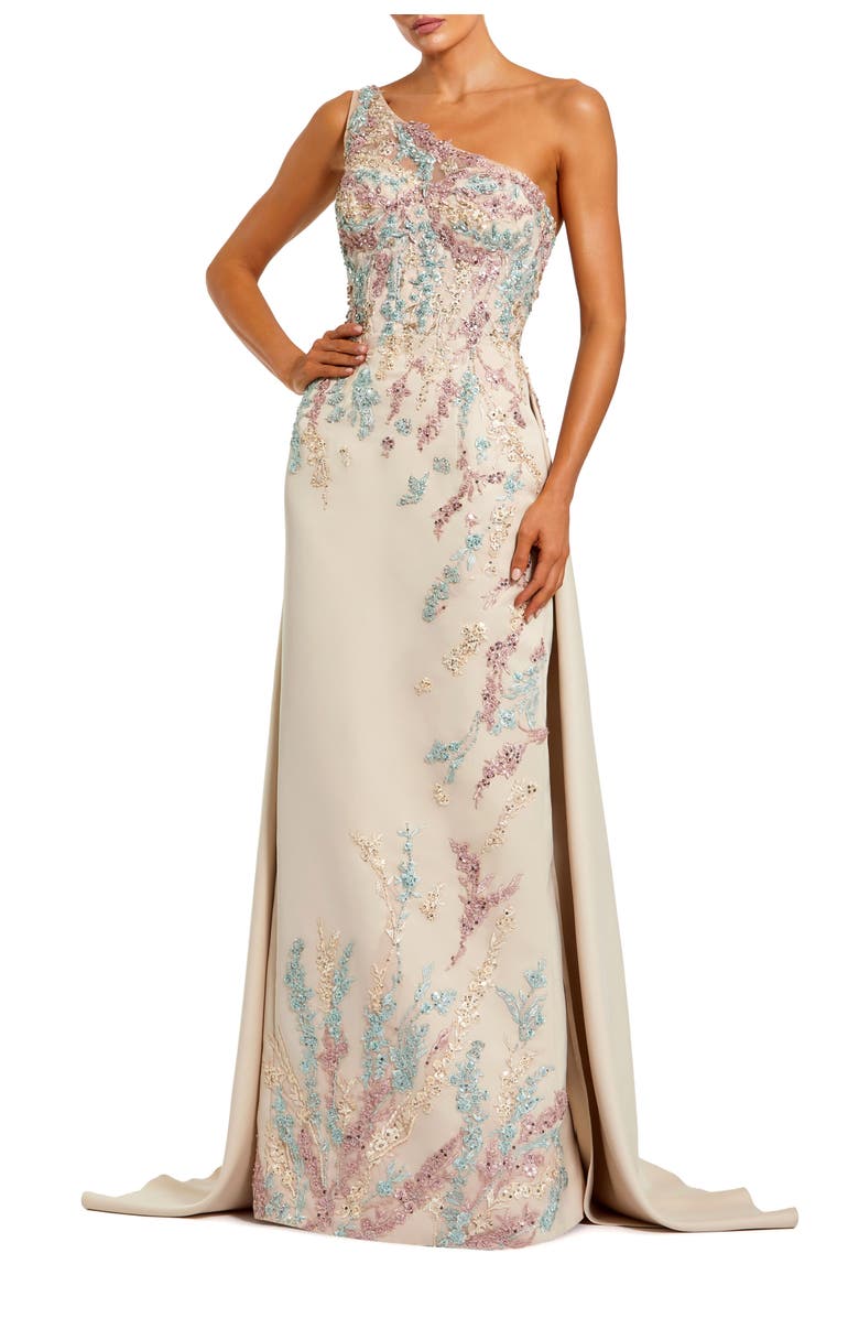 Mac Duggal One Shoulder Embellished Satin Gown With Overskirt, Main, color, Champagne Multi