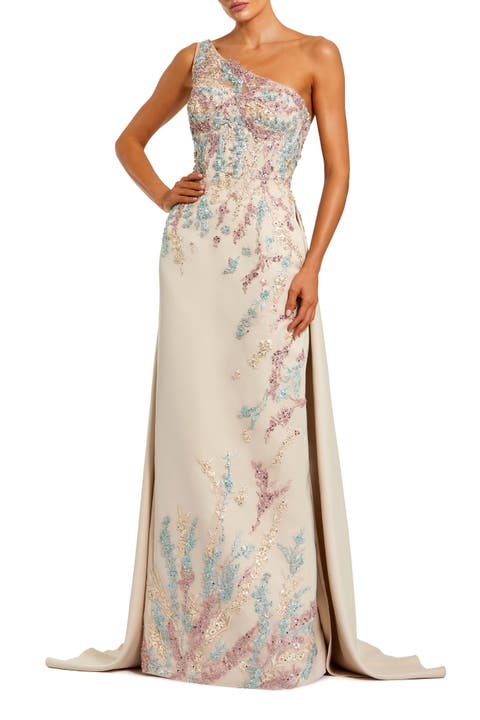 One Shoulder Embellished Satin Gown With Overskirt