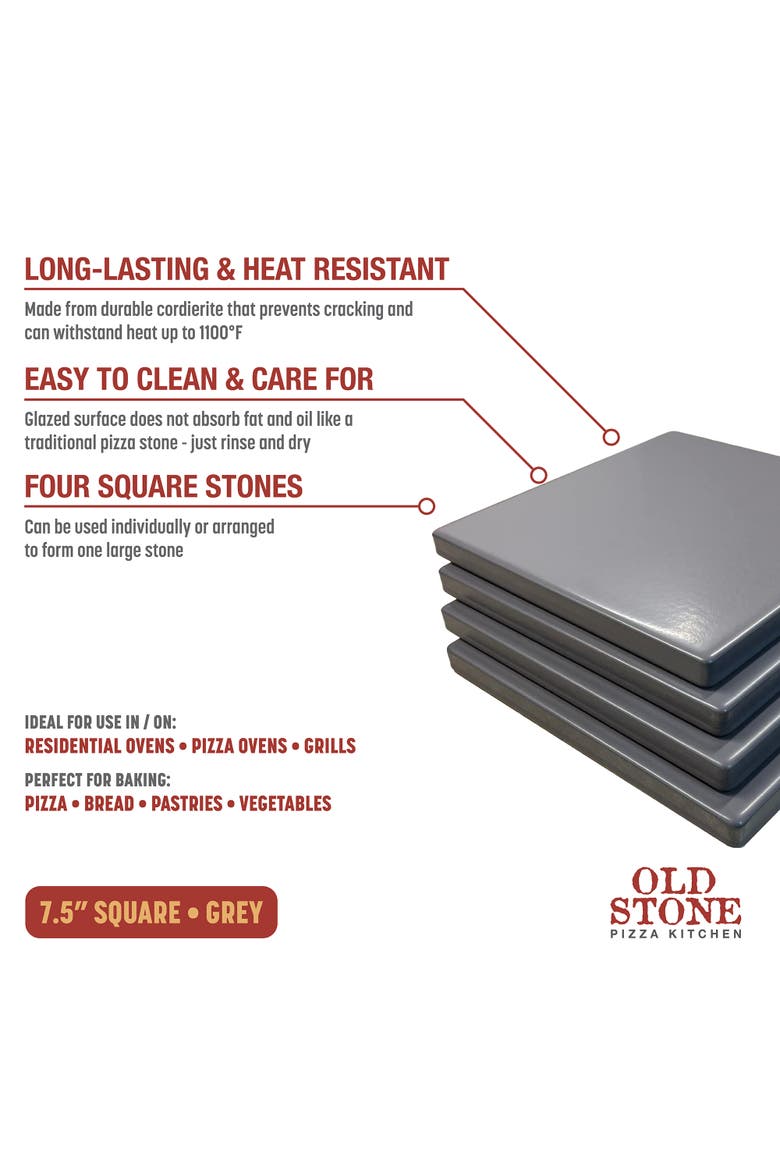 Glazed Cordierite Square Pizza Stone 4 Piece Set, 7.5x7.5-Inch, Alternate, color, Grey