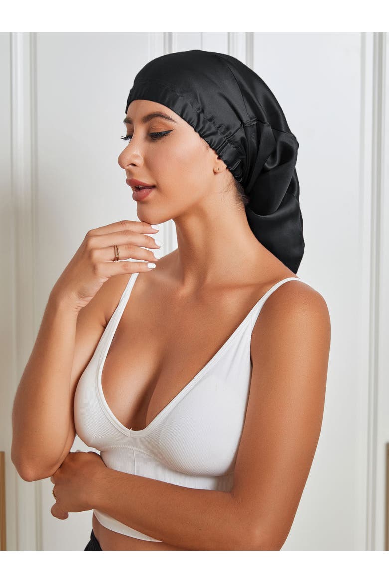 Pure Silk Elasticated Bonnet, Alternate, color, Black