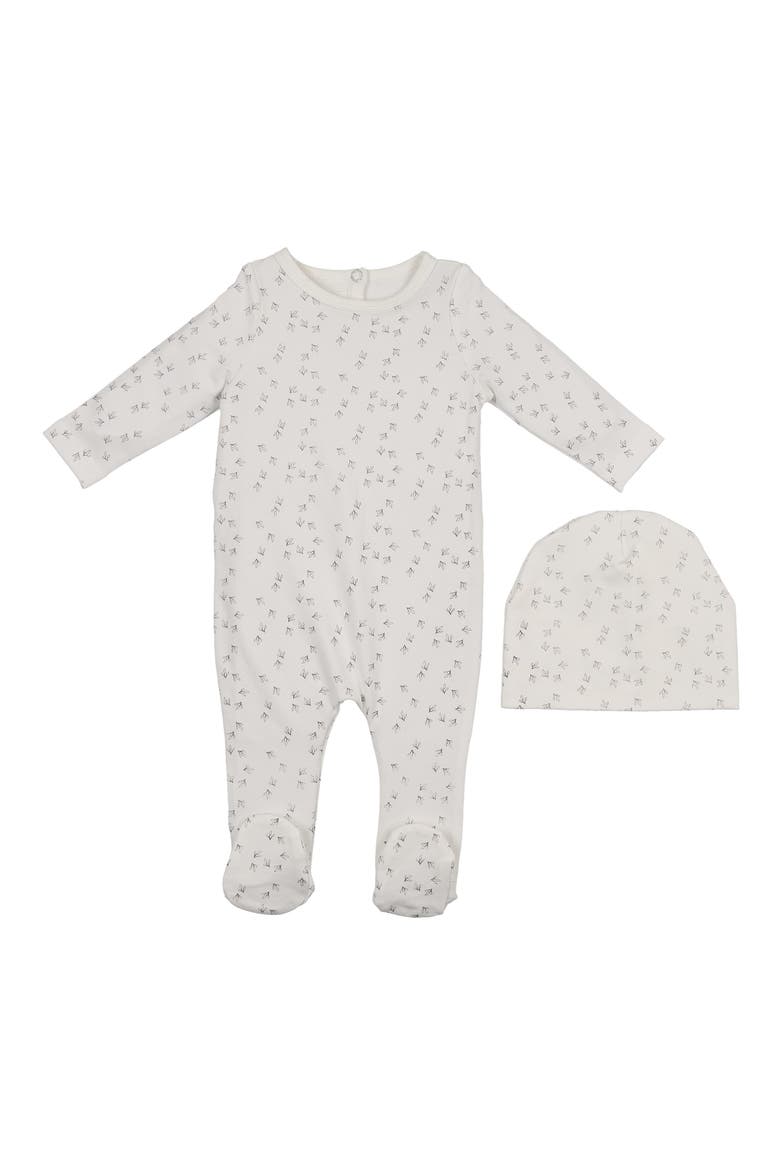 Printed Leaf Stretch Cotton Footie & Beanie Set, Main, color, OFF WHITE
