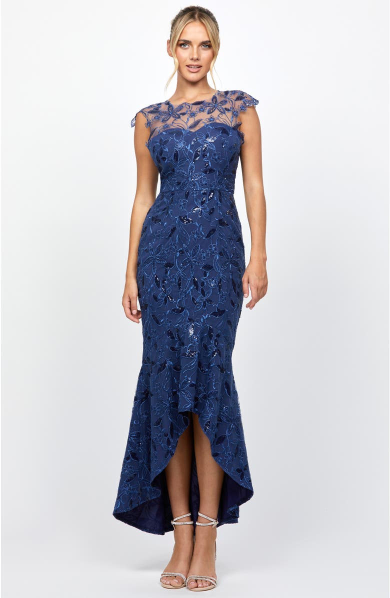 Bariano Phoebe Cap Sleeve Hi Lo Dress, Alternate, color, Navy