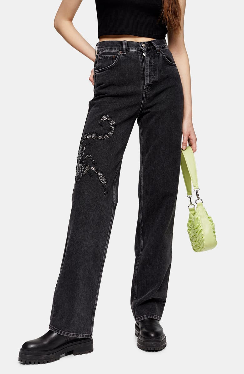 Topshop Crystal Scorpion Runway Wide Leg Jeans, Main, color, 