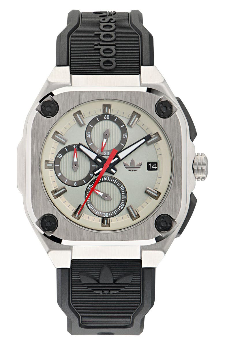 adidas City Tech Three Chronograph Resin Strap Watch, 45mm, Main, color, Black