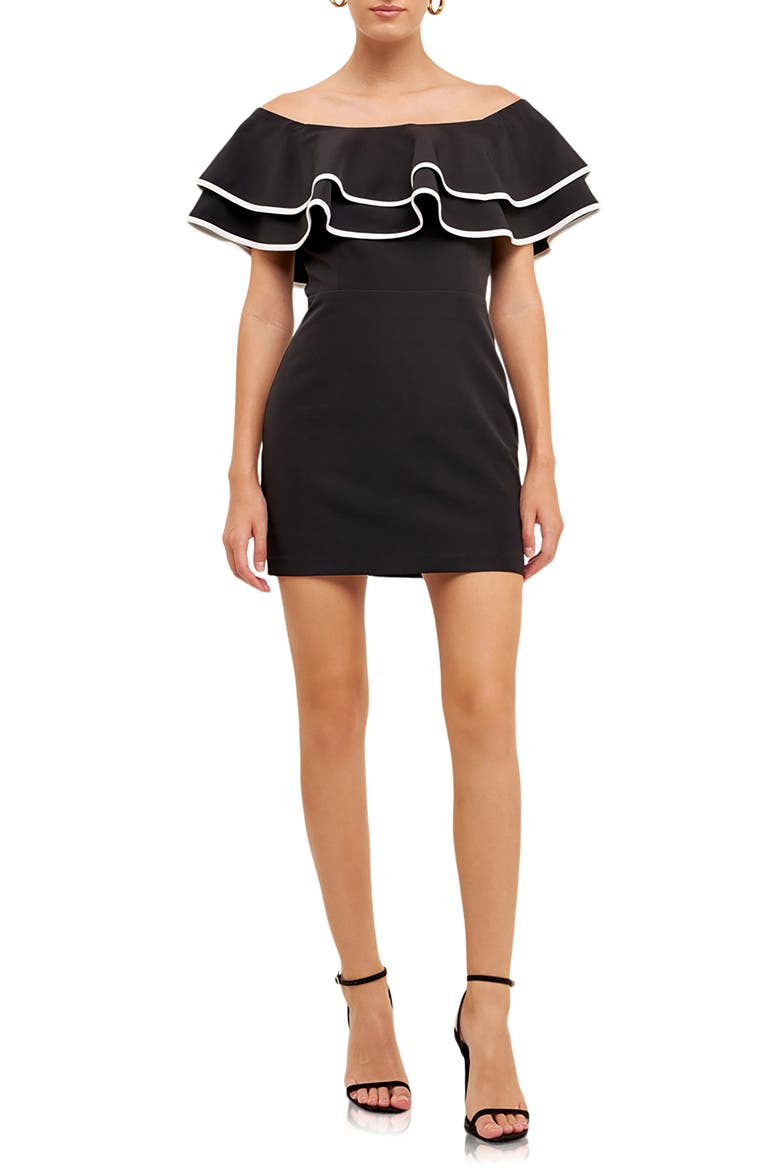 Off the Shoulder Ruffle Minidress, Main, color, BLACK/ WHITE