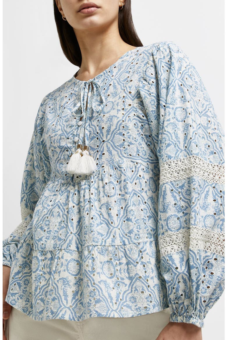 Eyelet Tie Neck Peasant Top, Alternate, color, BLUE LIGHT