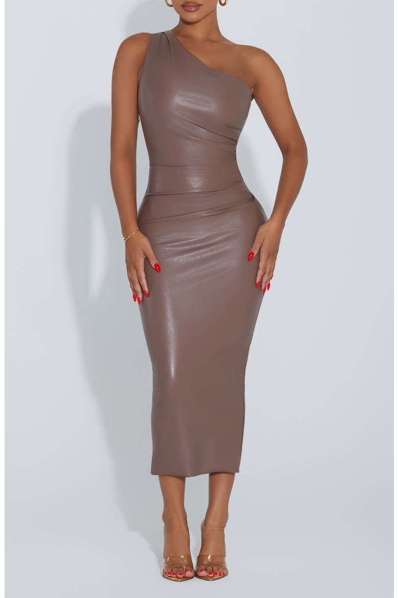 The Faux Side One-Shoulder Faux Leather Body-Con Midi Dress, Alternate, color, TAUPE