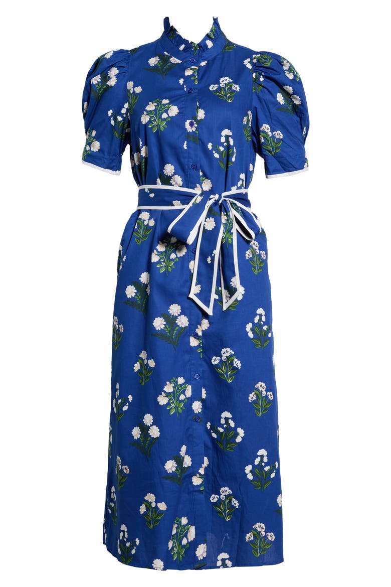 Gianny Puff Sleeve Tie Waist Midi Dress, Alternate, color, DUSTY-NAVY