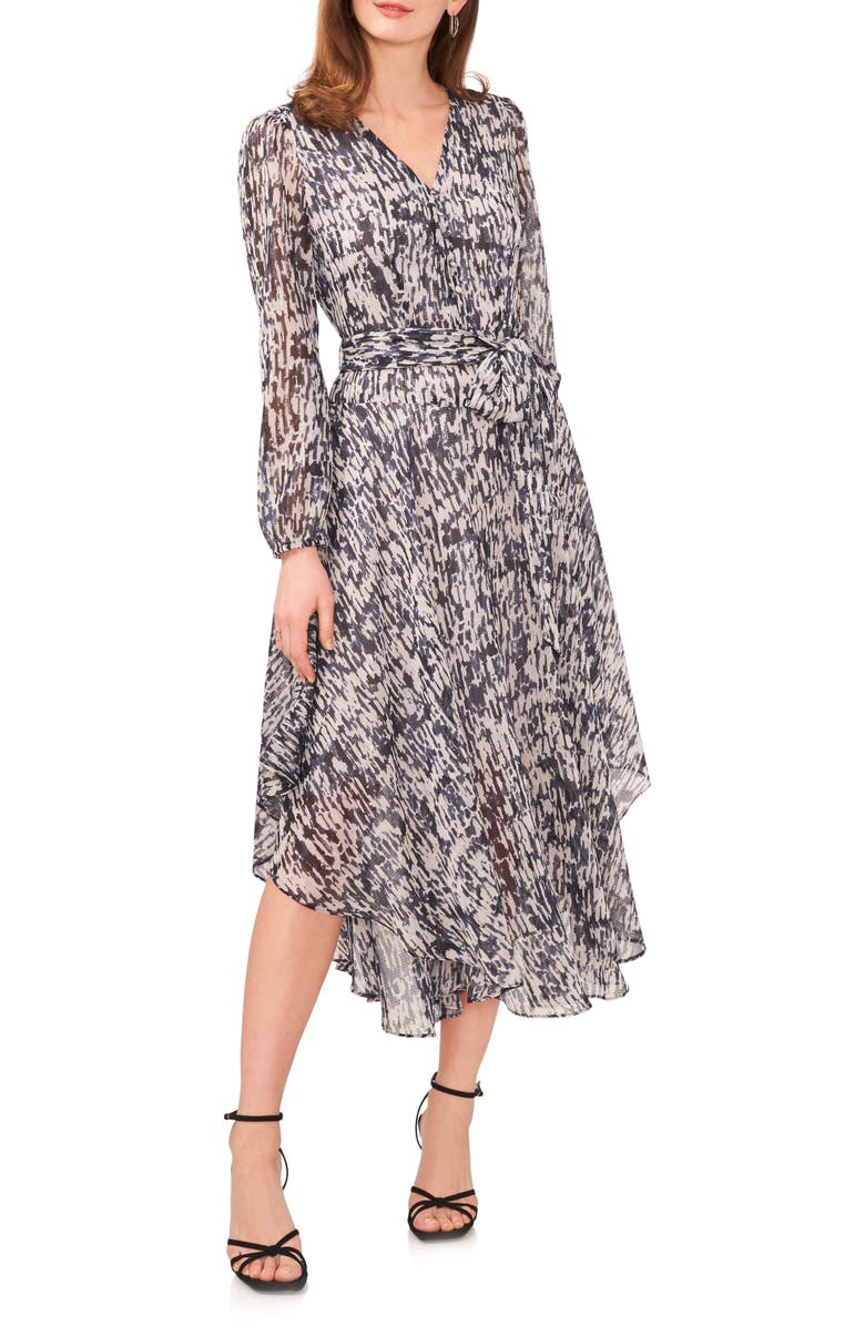 Vince Camuto Printed Long Sleeve Belted Dress, Main, color, 