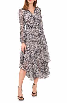 Vince Camuto Printed Long Sleeve Belted Dress