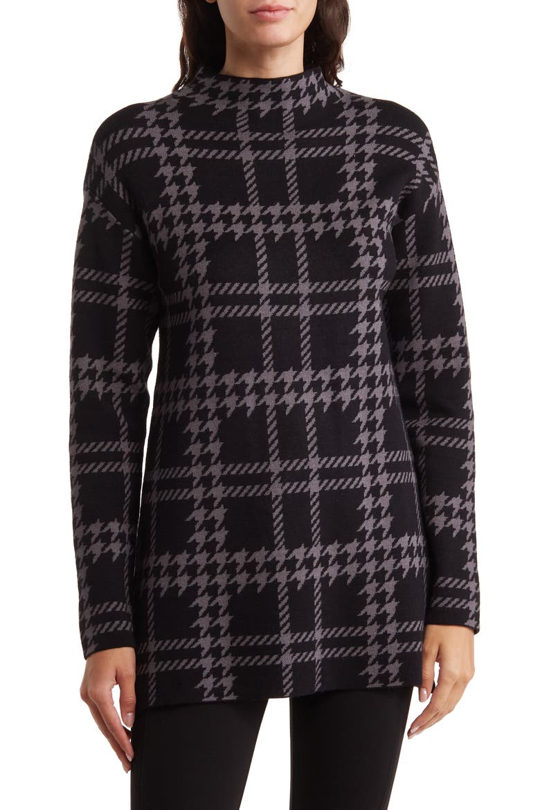 Plaid Jacquard Funnel Neck Tunic Sweater, Main, color, BLACK/ MED GREY MIX