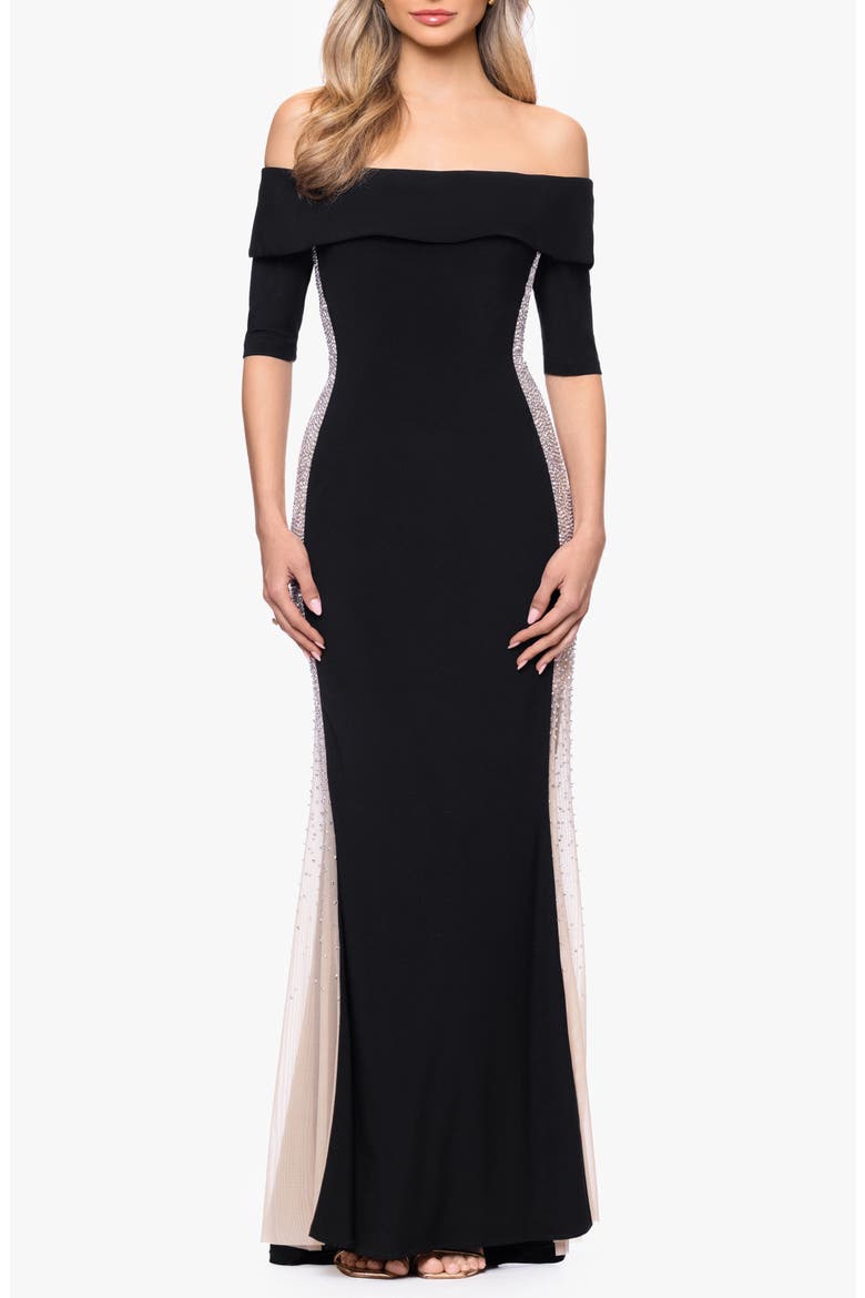 Beaded Mesh Inset Mermaid Gown, Main, color, BLACK/ BEIGE/ SILVER