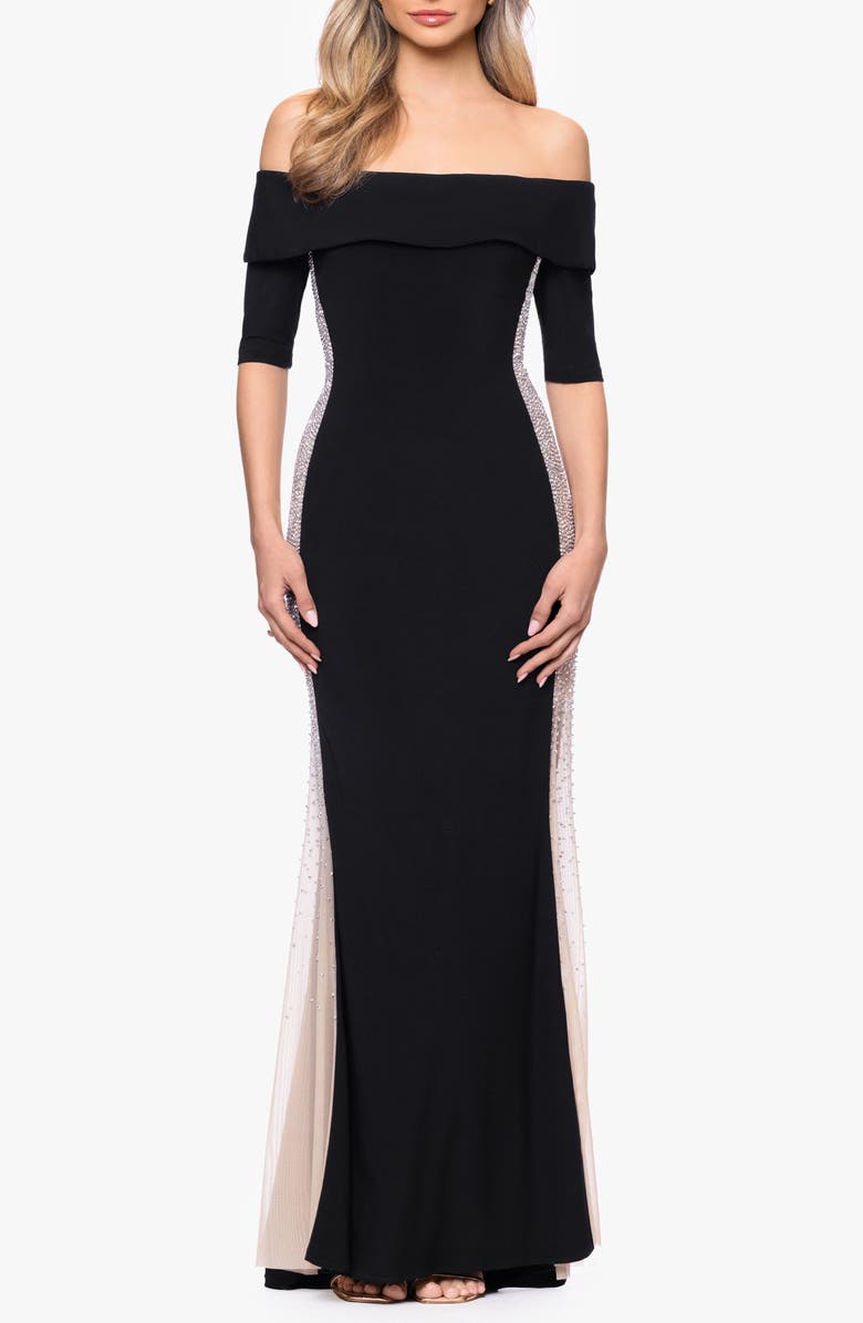 Xscape Evenings Beaded Mesh Inset Mermaid Gown, Main, color, Black/ Beige/ Silver