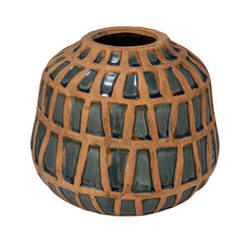 Storied Home Debossed Terra-cotta Vase, Natural And Blue In Brown