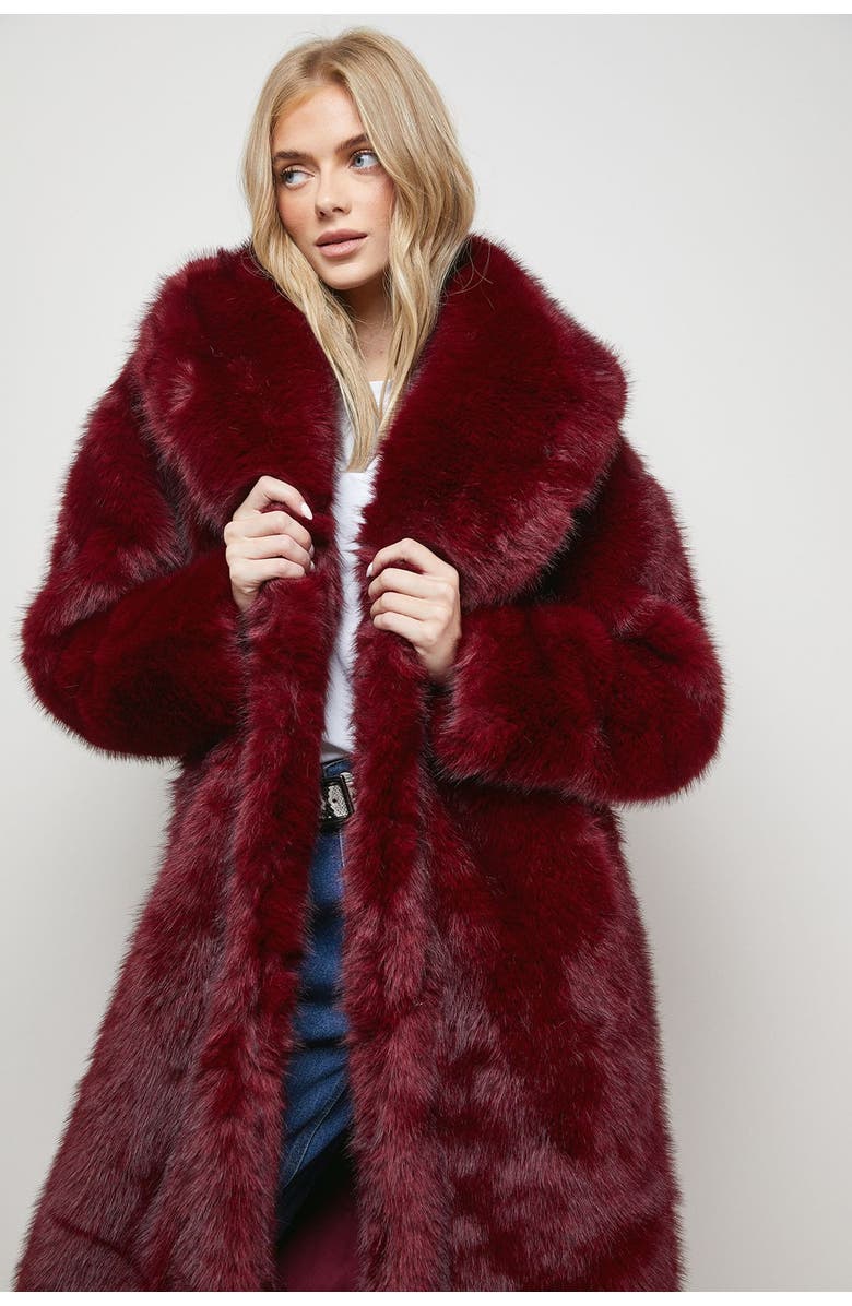 Oasis Maxi Faux Fur Plush Coat, Alternate, color, Burgundy