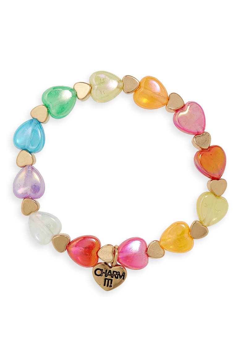 Rainbow Heart Bead Stretch Bracelet, Main, color, MULTI