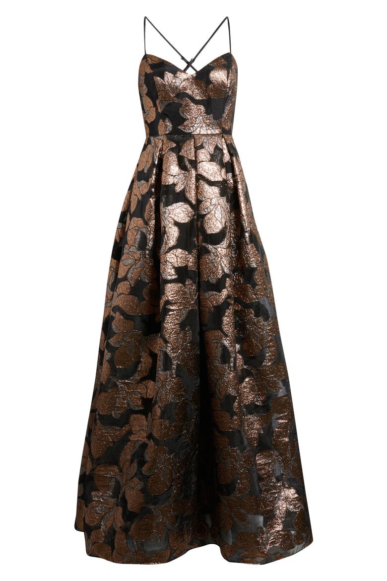 Metallic Floral Jacquard Ballgown, Alternate, color, BLACK BRONZE