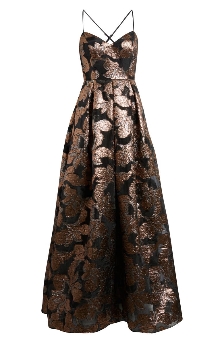 Eliza J Metallic Floral Jacquard Ballgown, Alternate, color, Black Bronze