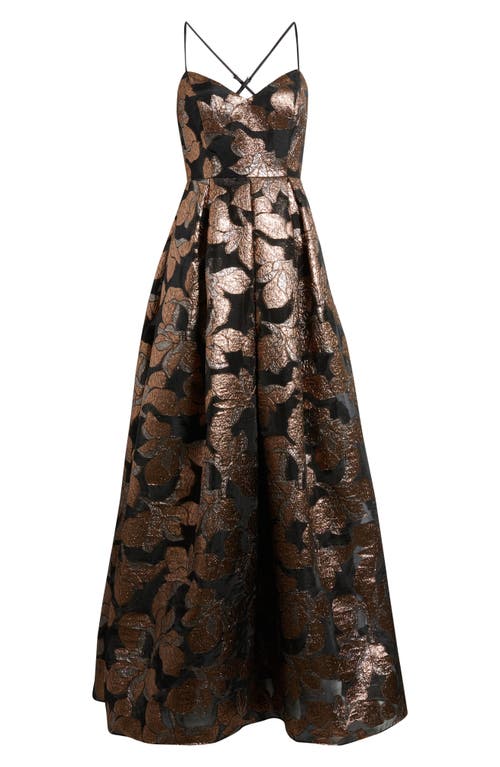 Eliza J Metallic Floral Jacquard Ballgown In Brown