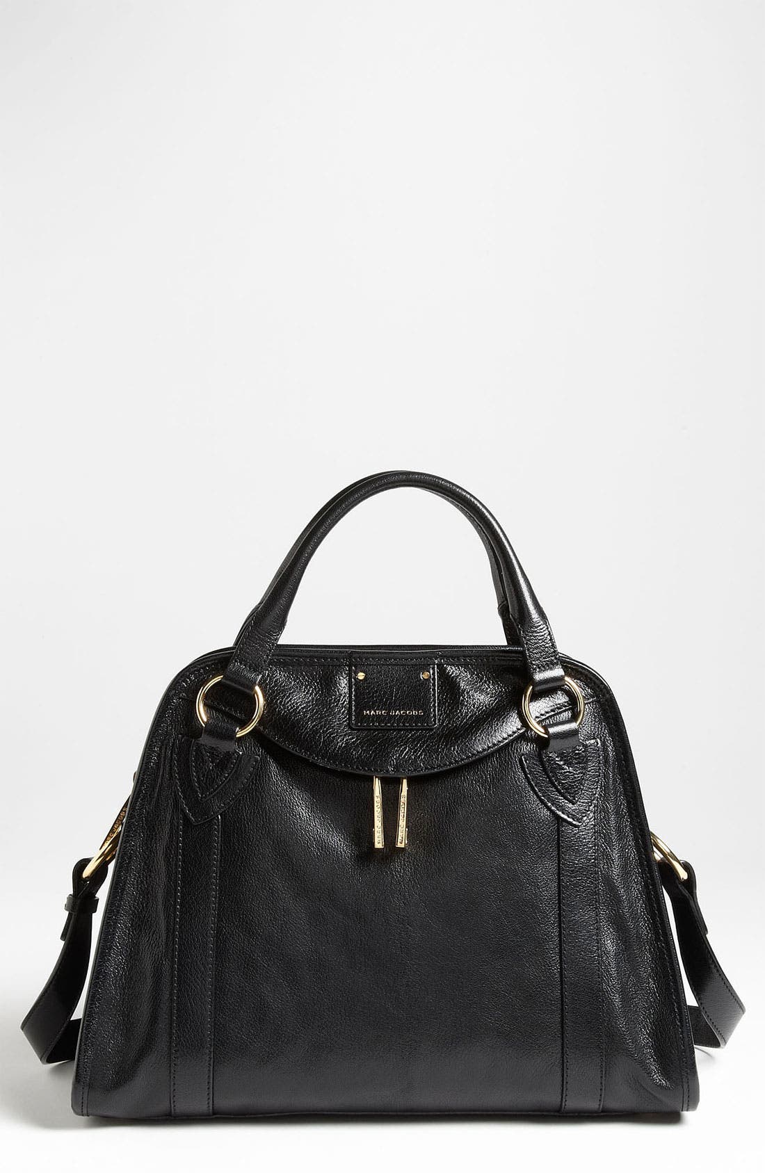 'Classic Wellington' Leather Satchel, Main, color, BLACK WITH BRASS