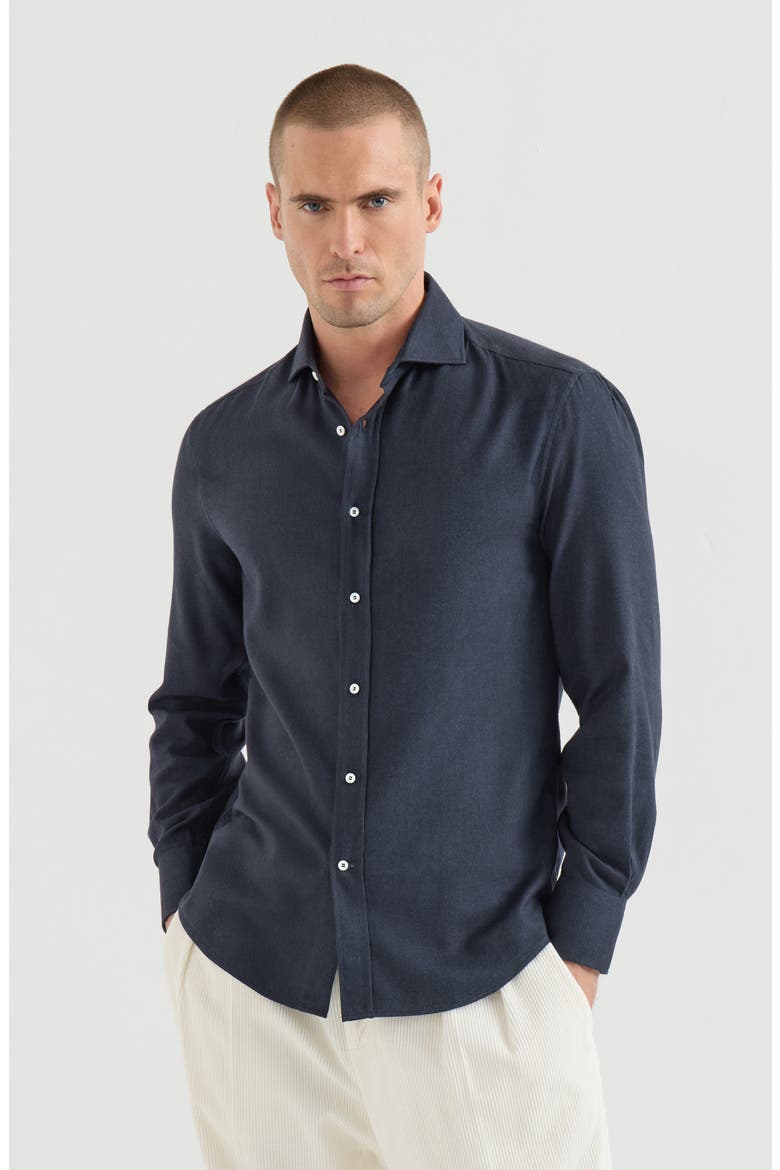 Stretch cotton chevron flannel shirt with spread collar, Main, color, Navy Blue