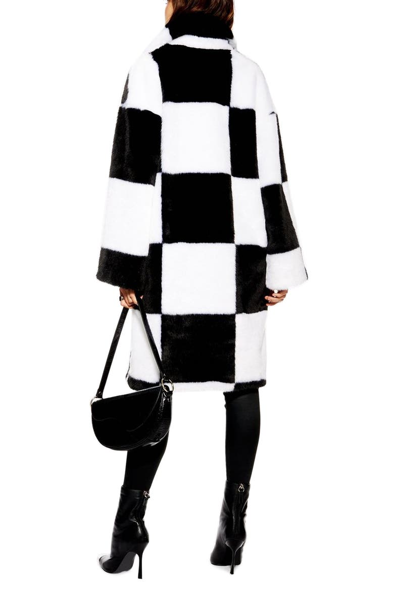 Checkerboard Faux Fur Coat, Alternate, color, BLACK MULTI
