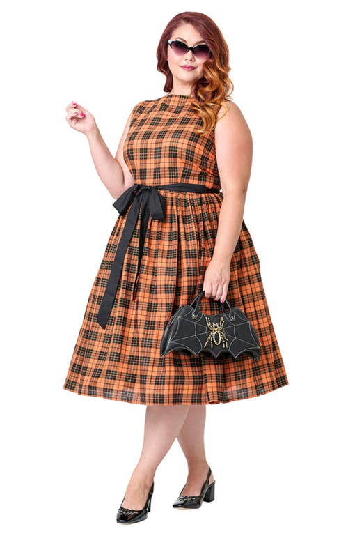 Unique Vintage Plus Size Sleeveless Belted Swing Dress In Orange