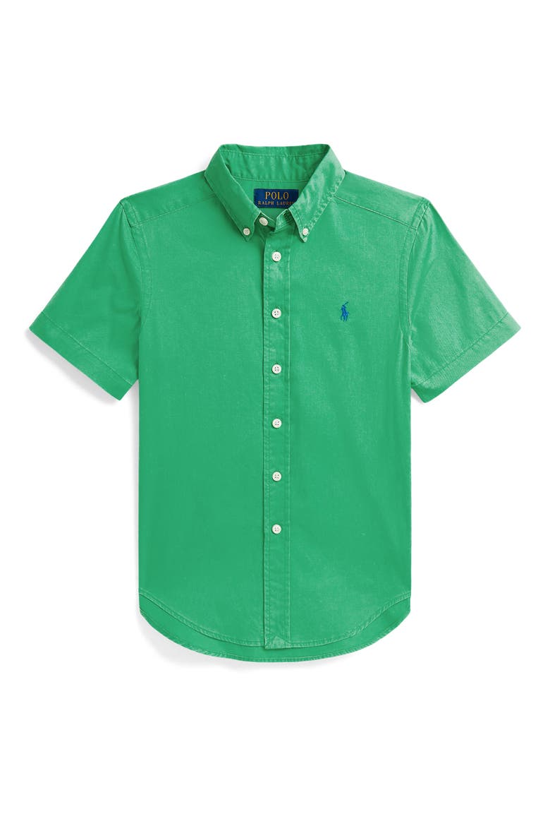 Kids' Featherweight Short Sleeve Cotton Twill Button-Down Shirt, Main, color, SUMMER EMERALD