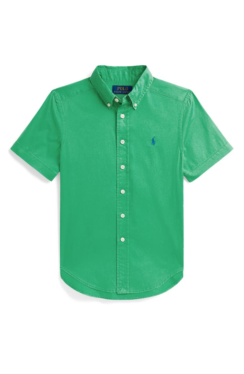 Polo Ralph Lauren Kids' Featherweight Short Sleeve Cotton Twill Button-Down Shirt, Main, color, Summer Emerald