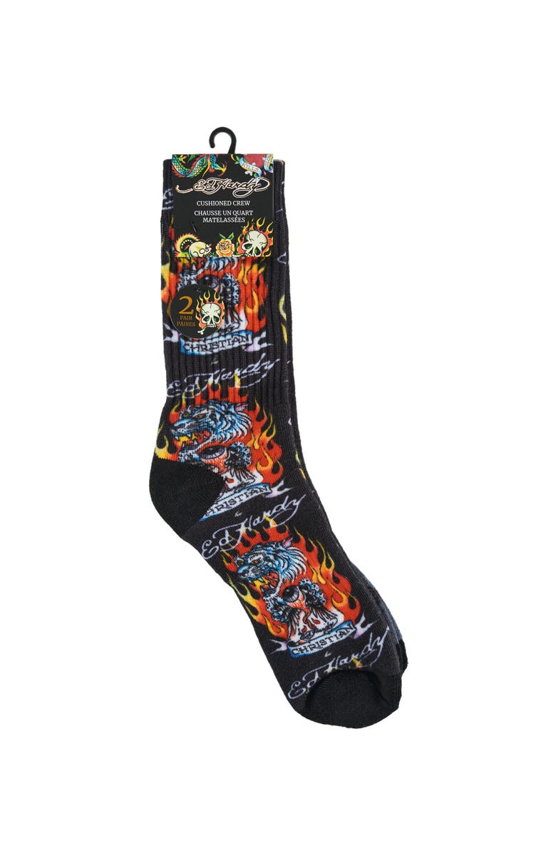 Ed Hardy Flaming Eagle 360 Print Full Cushion Crew Sock 2-Pack, Alternate, color, Black