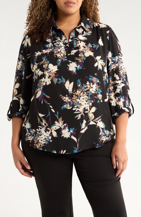 Floral Popover Crêpe de Chine Top (Plus)