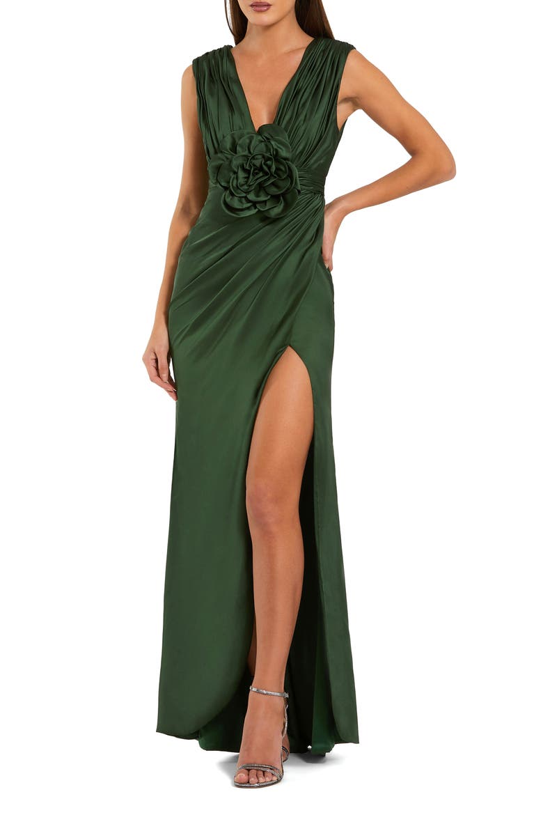 Charmeuse Plunge Neck Gown With 3D Flower, Main, color, Pear