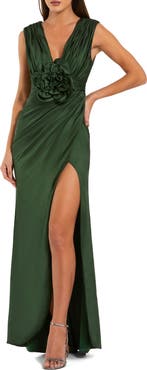 Mac Duggal Charmeuse Plunge Neck Gown With 3D Flower