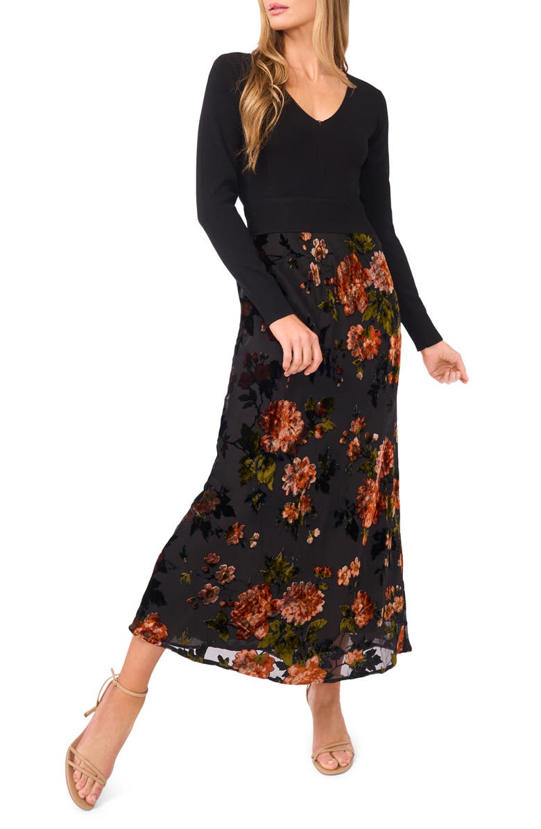 Ted Baker Mixed Media Long Sleeve Midi Dress, Main, color, 
